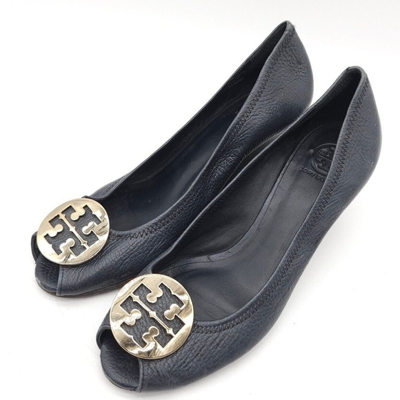 Tory Burch (Womens Size 10.5) Sally Peep Toe Wedge Pumps Blue Pebbled‎ Leather
